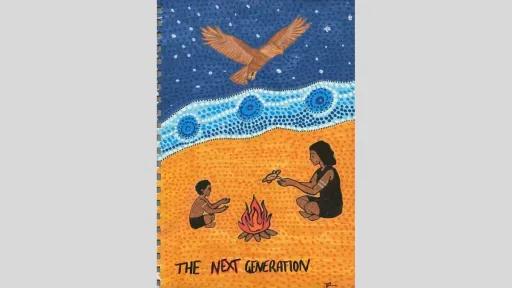 A dot-painted scene with a blue starry sky, white and blue patterned wave band, and a sandy orange foreground. A woman and child sit near a small campfire, with a large bird flying overhead. The words “THE NEXT GENERATION” are written at the bottom.
