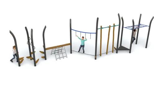 A 3d illustration of an agility trail with various climbing and hanging obstacles. 