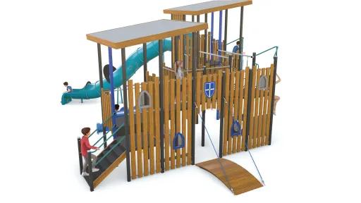 A 3d illustration of a castle themed playground. It is primarily made of wood, and has a slide and a fake drawbridge entrance