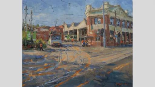 Painting of a building at an intersection with tram lines, yellow traffic markings and a tram. A group of figures in orange hi-vis vests are seen around the intersection.