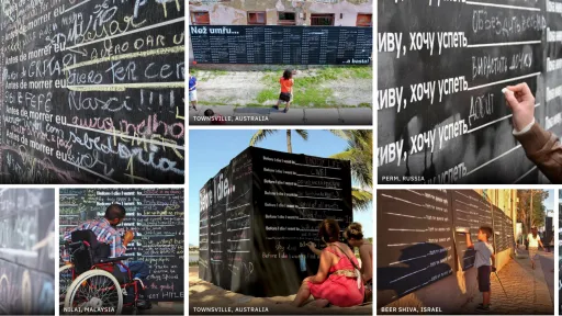 Banner collage of diverse people writing on a chalkboard to complete the prompt "before i die i want to.."