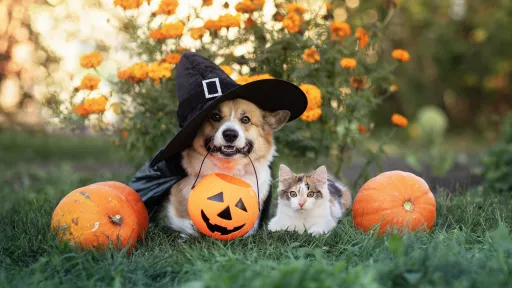 A Corgie dog sits in a witch's hat, next to a cat and pumpkins, The Corgie holds a trick-or-treat basket for candy in it's mouth.