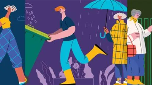 people wheeling rubbish and recycling bins in sun and rain.