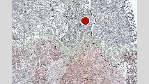 Painting of landscape arranged in dots of blue, red, and green on a white background. A solid red circle is at the top centre. 