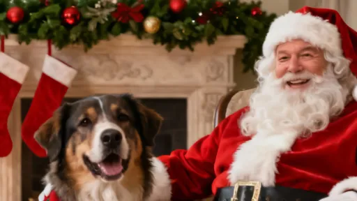 Santa sitting in a chair in front of a fire place with a happy looking dog