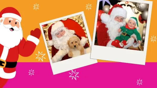 polaroid framed pictures of santa with a dog and a baby on a background of Christmas baubles