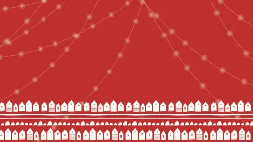 Red background with strings of lights and silhouettes of houses