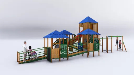 proposed new playground with ramps for  accessibility, undercover spaces and activity boards. As well as monkey bars and a slide.
