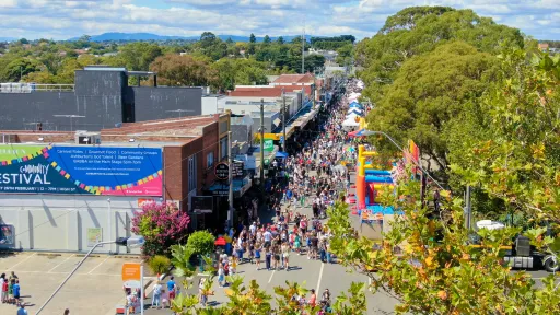 Ariel view of a tree lined shopping strip. the road is full of people attending a community festival