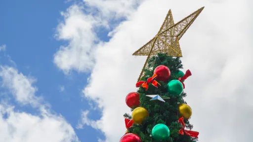 The top of a Christmas tree and large star against a partly cloudy sky