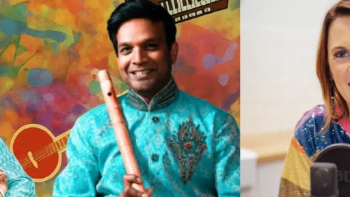 Two musicians and a red-haired woman