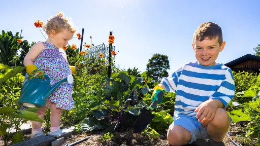 2 children digging and watering in a garden on a bright, sunny day.