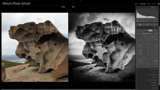 Two exact photos side by side of a large rock. One image is in colour, the other in black and white