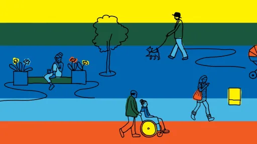 A drawing of people walking down on a street over a background of coloured stripes