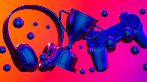 gaming accessories including headphones, a playstation and a trophy