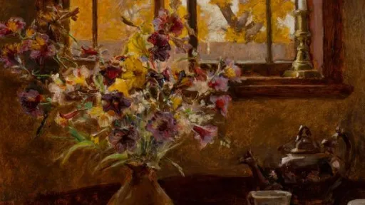 A painting of a warm interior scene with a vase of colourful flowers, a tea pot and some mugs on a table. The wooden window above the table is slightly ajar, leading out to a tree with bright autumn leaves.
