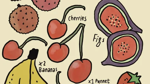 Digital illustration of fruits and vegetables on a solid beige background, including three lychees, an apricot, a fig, five cherries, three strawberries and two bananas.