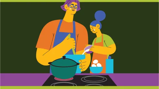Brightly coloured illustration of a man and woman cooking on an induction stovetop
