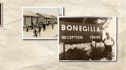 crumpled paper with historic photos stuck on, of people, a row of buildings and a sign stating 'Bonegilla reception centre'.