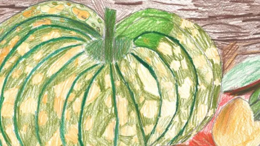 Drawing of a green pumpkin with orange spots on a brown and red background. Leaves and pieces of orange fruit sit around the big pumpkin. A textured brown background fills the upper half of the image.