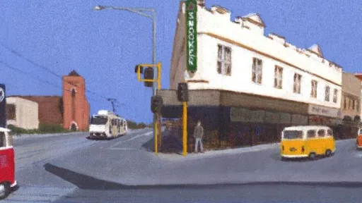 A painted street scene featuring several vintage Volkswagen vans driving through an intersection. A red-and-white van is in the foreground, with yellow, orange, and blue vans further down the road. The street is lined with older buildings, including a white corner building with a green sign, and a church-like structure on the left. The sky is bright blue.