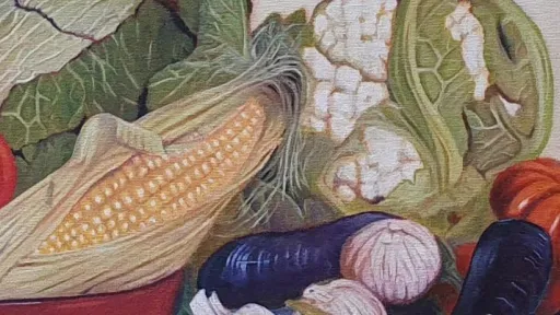 A still-life painting showing assorted vegetables arranged on a patterned, folded blue cloth. The composition includes a red bowl filled with cabbage, tomatoes, and an ear of corn, with cauliflower, eggplants, garlic, an onion, and another tomato placed beside it. 