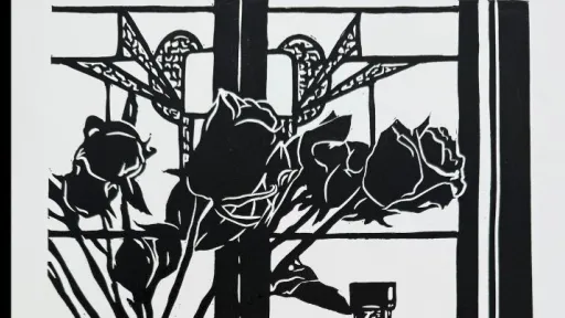 A black-and-white print depicting a still life on a windowsill with a vase of roses on the left, a bottle at the centre, and two drinking glasses on the right. The window frame and decorative panes visible behind the objects.