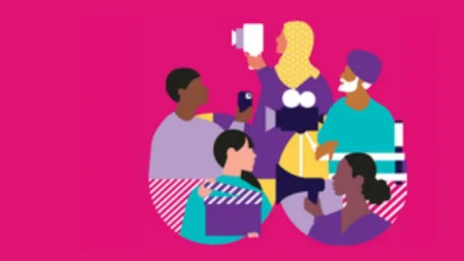 A bold pink background with 5 people holding film relates items like cameras, and megaphones.