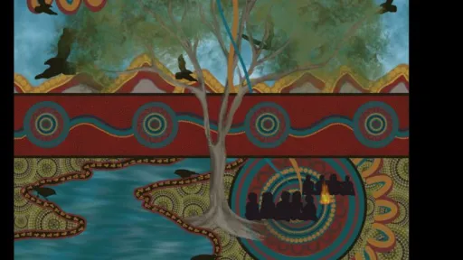 An artwork combining painted and patterned elements: a large tree stands at the centre, with silhouetted birds flying across a cloudy blue sky and mountain shapes in the background. Circular motifs with dot patterns appear throughout, including a large one in the upper left and another near a group of silhouetted figures gathered around a fire at the lower right. A winding blue waterway bordered by patterned land fills the lower section.