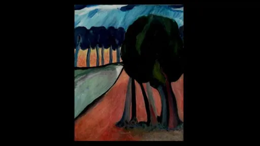 A stylised landscape painting showing a row of dark blue trees along a path on the left and a cluster of large, dark green trees in the foreground on the right. The ground is painted in warm reddish tones, and the sky is streaked with blue and white brushstrokes.