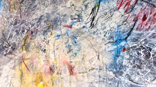 An abstract painting filled with layered white, grey, and pale-yellow brushstrokes, with thin black, red, and blue lines looping and intersecting across the surface. The composition is textured, with scribble-like marks and overlapping colours creating a dense, swirling effect.