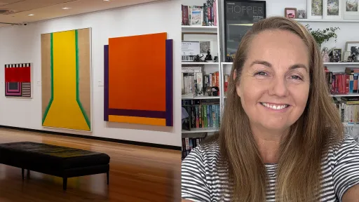 Two images side by side. One showing art hanging in a gallery. The second image is of a woman smiling