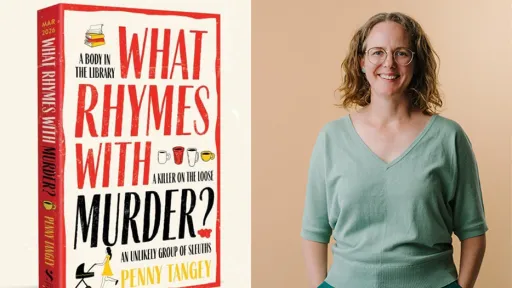 Two images side by side. First image is a book cover. Second image is a person standing with her hands in her pockets smiling.