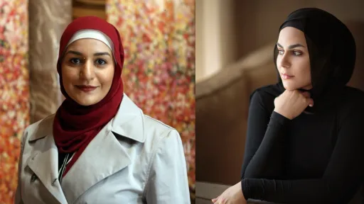Two images of women in headscarves. One is looking at the camera, the other is looking away
