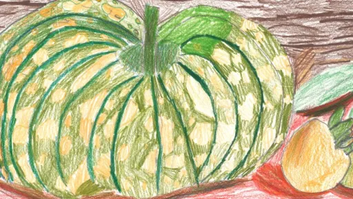 Drawing of a green pumpkin with orange spots on a brown and red background. Leaves and pieces of orange fruit sit around the big pumpkin. A textured brown background fills the upper half of the image.