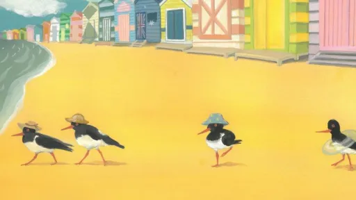Digital illustration of a row of brightly coloured beach huts lines a sandy shoreline under a turquoise sky with white clouds. Four black-and-white shorebirds walk along the sand in the foreground, each wearing a different hat or accessory. Waves lap the edge of the beach on the left. 
