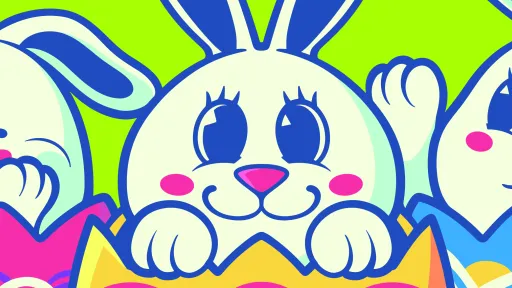 Three white rabbits sitting in brightly coloured easter eggs.