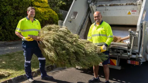 2 people in hi vis tops holding a dead christmas tree standing in front of a rubbish truck