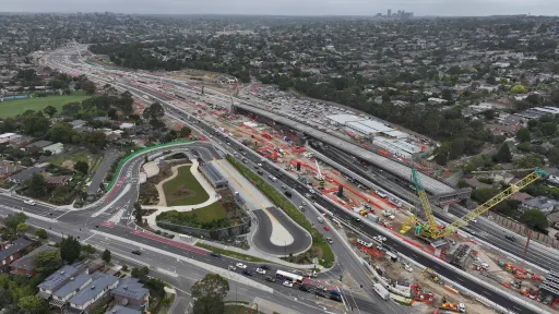 Arial view of roadworks taking place on the Eastern Freeway