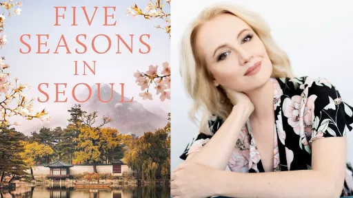 Two images side by side. First image is a book cover and second image is a close up of a woman with blond hair and a slight head tilt looking at the camera.