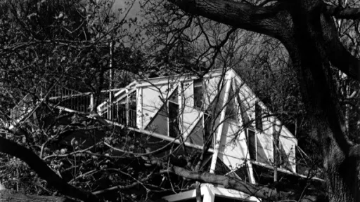 a triangular house within bushland jutting above a river 