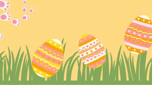 An illustrated easter bunny and eggs in grass