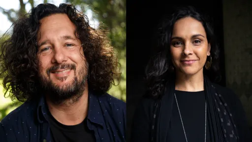 Two images side by side. First image is a close up of a male with dark, shoulder length hair and a beard looking at camera. Second image is a female with long dark hair and is smiling.
