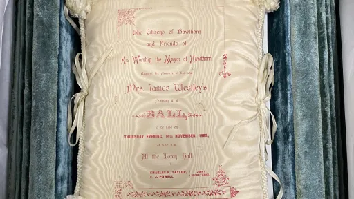 A decorative cushion with red text printed on it, sits within a grey frame