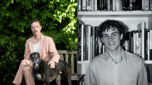 Two side by side images. First image is a person wearing a pink suit sitting next to a dog. Second image is a black and white image of person smiling at camera standing in front of bookshelf.