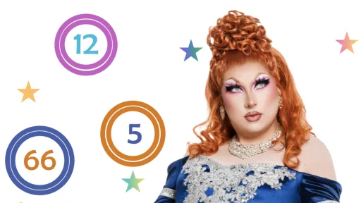A drag queen in a glamourous blue dress with floating circled numbers