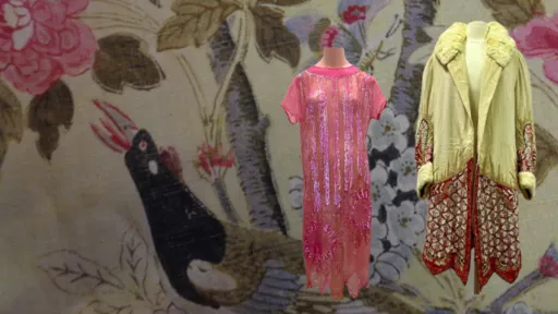 A pink dress and a yellow jacket against a floral block printed background.