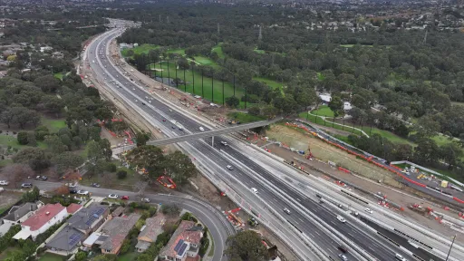 Arial view of roadworks along the eastern freeway.