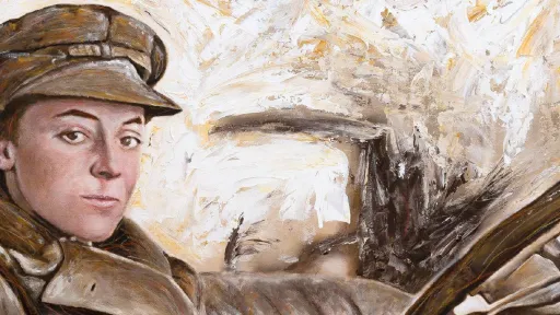 A painting of a woman wearing a driver's uniform in a 19th century car