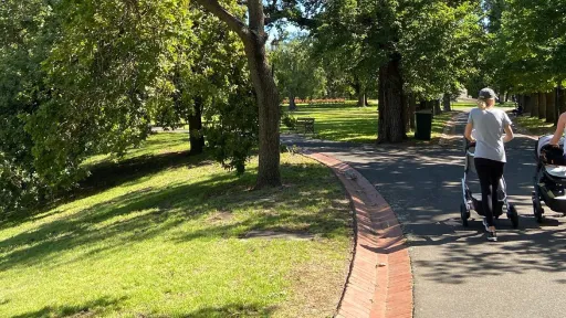 Two women pushing a pram down a park path